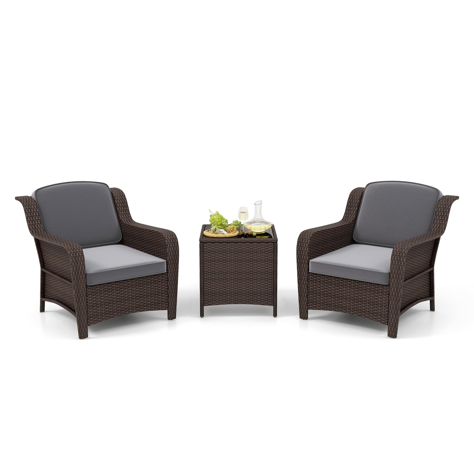 Ensemble de meubles de patio d'extérieur 3 pièces Tangkula, chaises en osier de rotin PE Patiojoy avec coussins et table basse en verre trempé